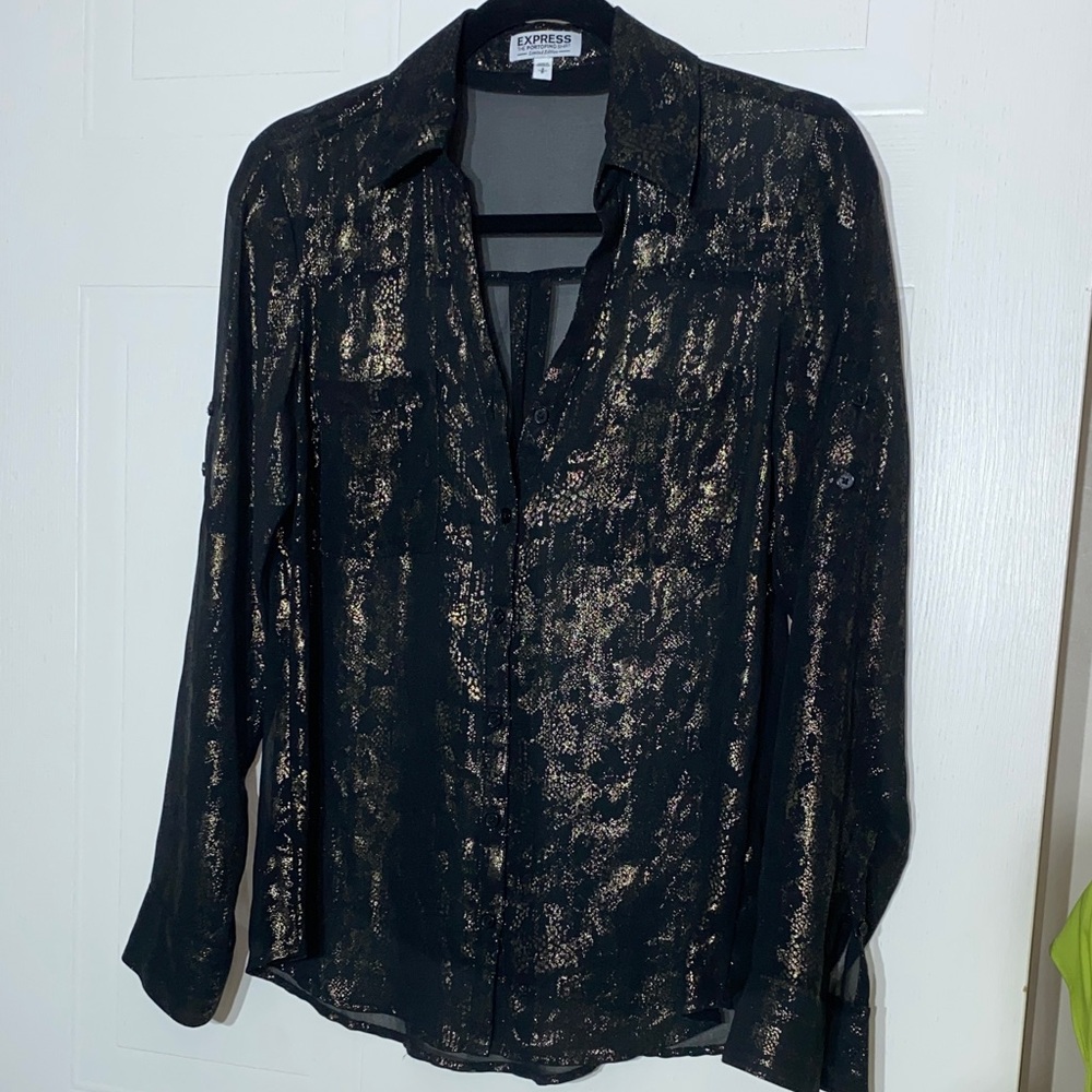 Express Women's Black and Gold Button Down Shirt